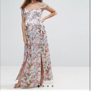ASOS Maternity rose floral cold shoulder satin maxi dress